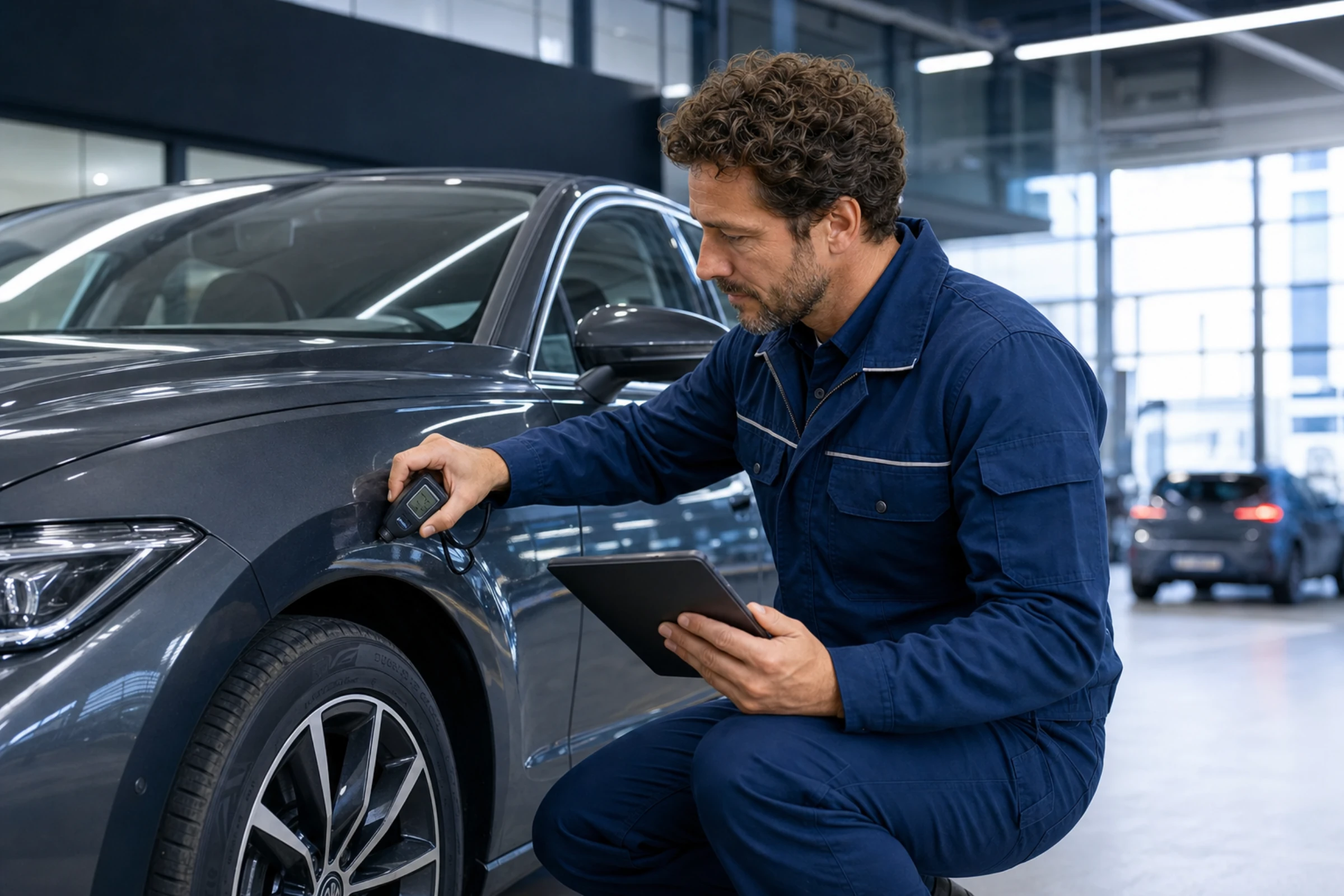 Een gecertificeerde CarAudit-technicus tijdens een auto-inspectie